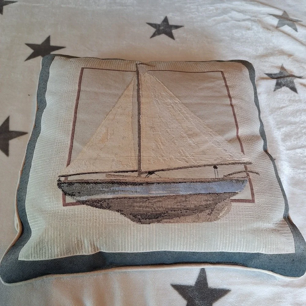 Sailboat Print Tapestry Style Throw Pillow 16 x 16 Beach house Ocean Boat